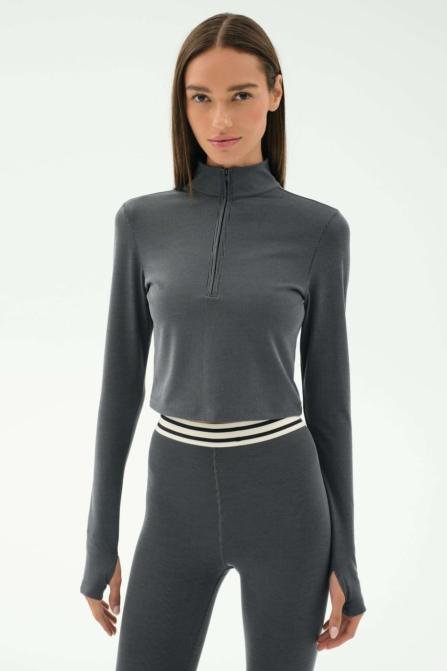 Splits59 Long Sleeve Zip Pullover in Grey, Cropped Longs Sleeve Work Out Shirt 