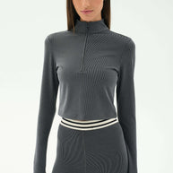 Splits59 Long Sleeve Zip Pullover in Grey, Cropped Longs Sleeve Work Out Shirt 