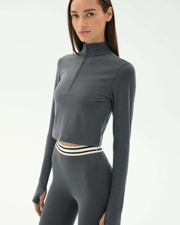 Splits59 Long Sleeve Zip Pullover in Grey, Cropped Longs Sleeve Work Out Shirt 