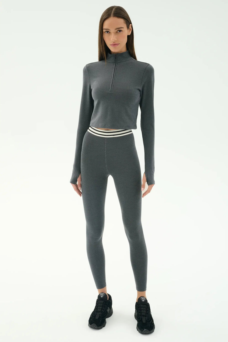 Splits59 Long Sleeve Zip Pullover in Grey, Cropped Longs Sleeve Work Out Shirt 