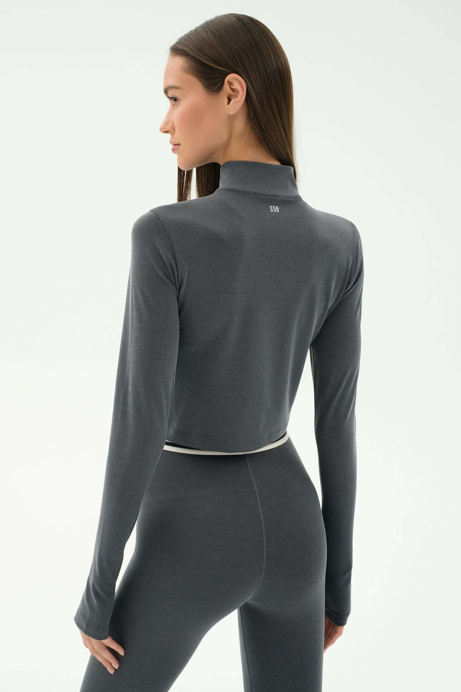 Splits59 Long Sleeve Zip Pullover in Grey, Cropped Longs Sleeve Work Out Shirt 