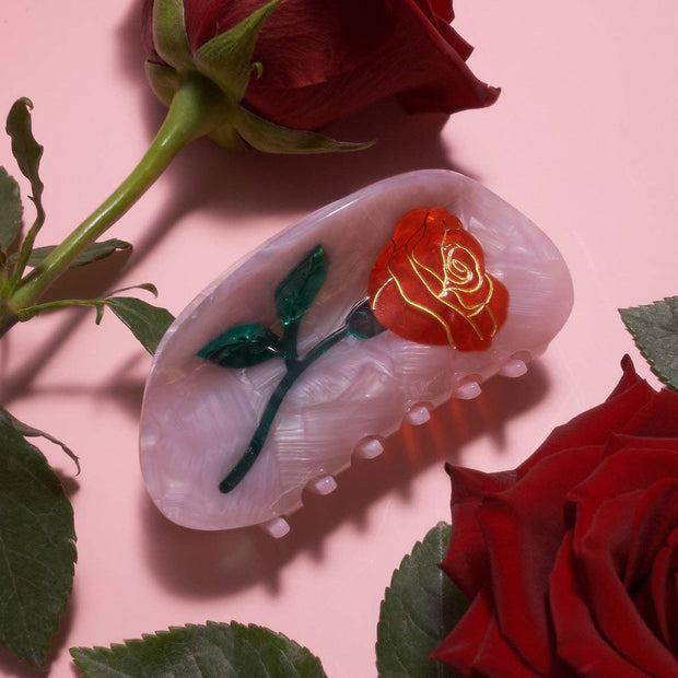 Belle Pink Single Red Rose Hair Claw