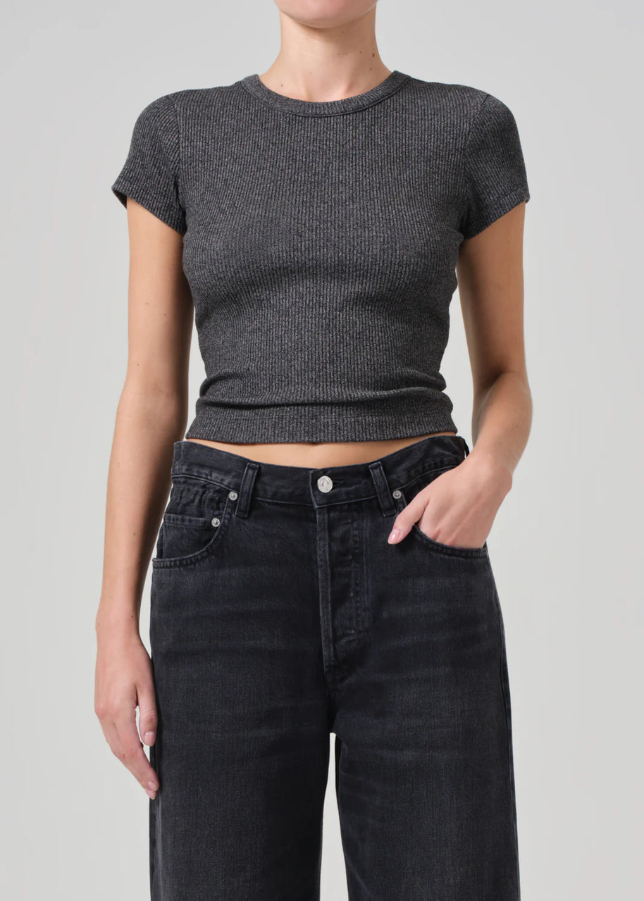 citizens of humanity nello tee in black - fitted tee in heathered black - close fitting rib tee