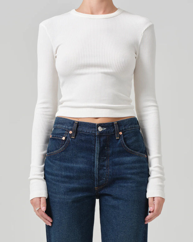 citizens of humanity cropped faena crewneck pashmina organic cotton long sleeve - favorite long sleeve crewneck white - off white cream long sleeve cropped - layering shirt long sleeve 