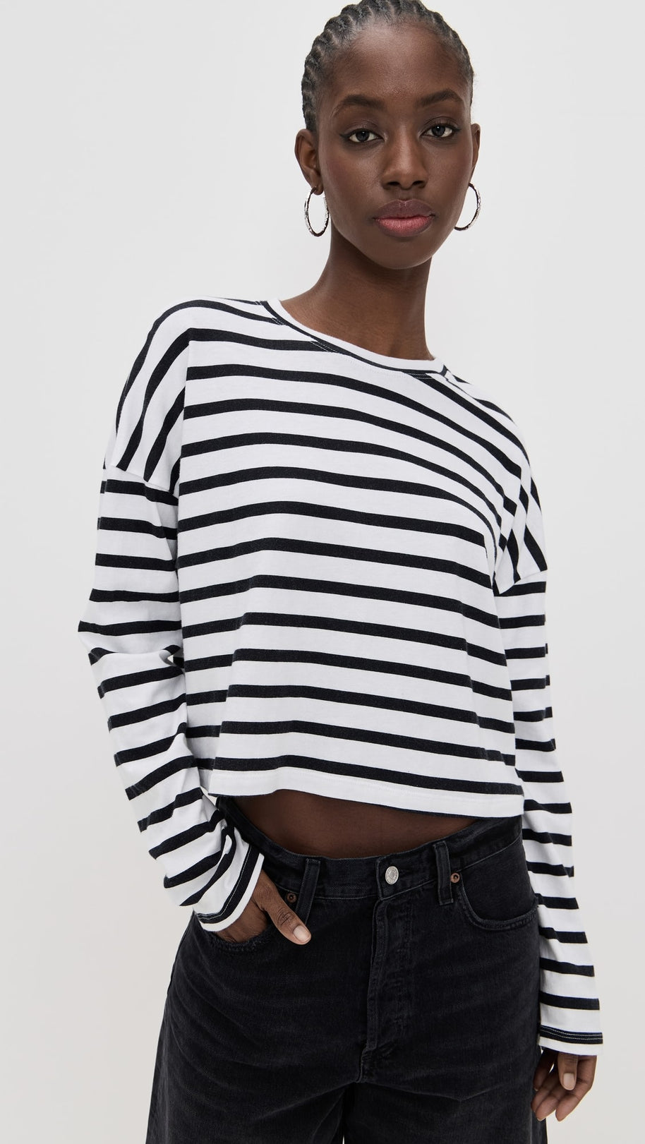 Cropped Long Sleeve Tee Stripe | White Thin Stripe