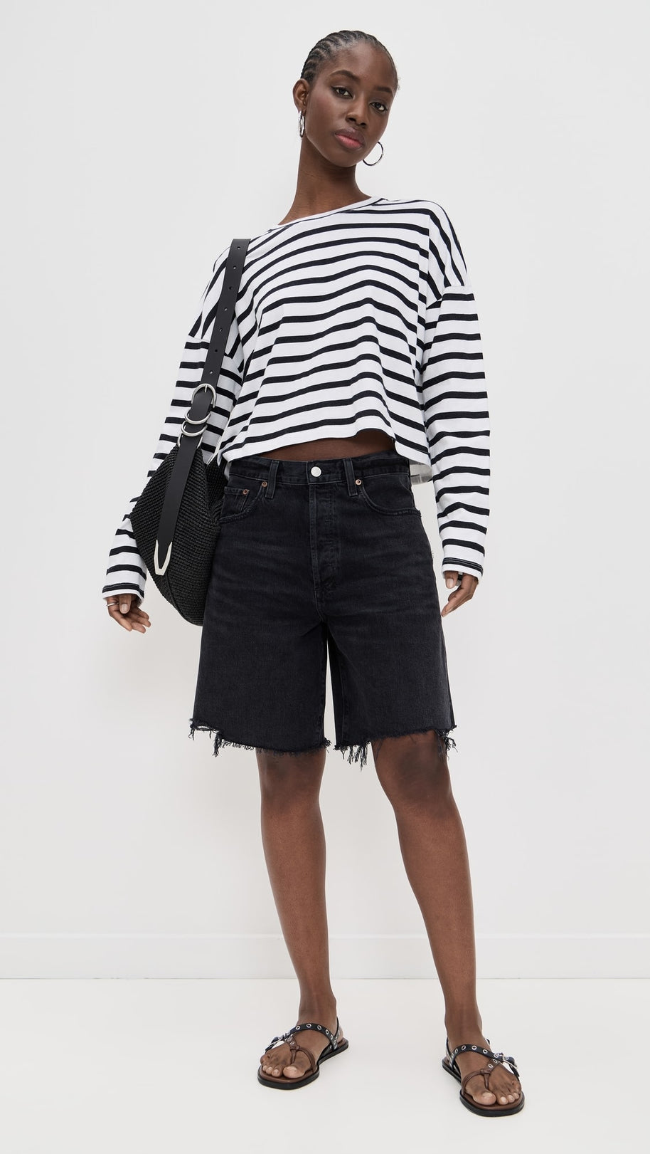 Cropped Long Sleeve Tee Stripe | White Thin Stripe