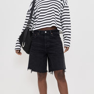 Cropped Long Sleeve Tee Stripe | White Thin Stripe