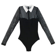 Fleur du Mal Collared Bodysuit With Dotted Tulle 