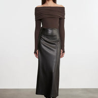 Cashmere L/S Off-Shoulder Top | Dark Brown