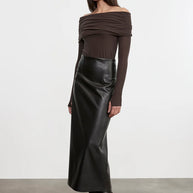 Cashmere L/S Off-Shoulder Top | Dark Brown