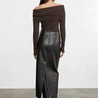 Cashmere L/S Off-Shoulder Top | Dark Brown
