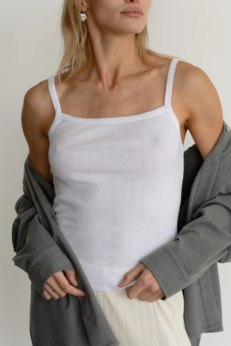 Donni Pointelle Square Neck Tank in Powder