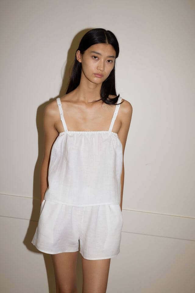 Deiji Studios Button Linen Short Set in White