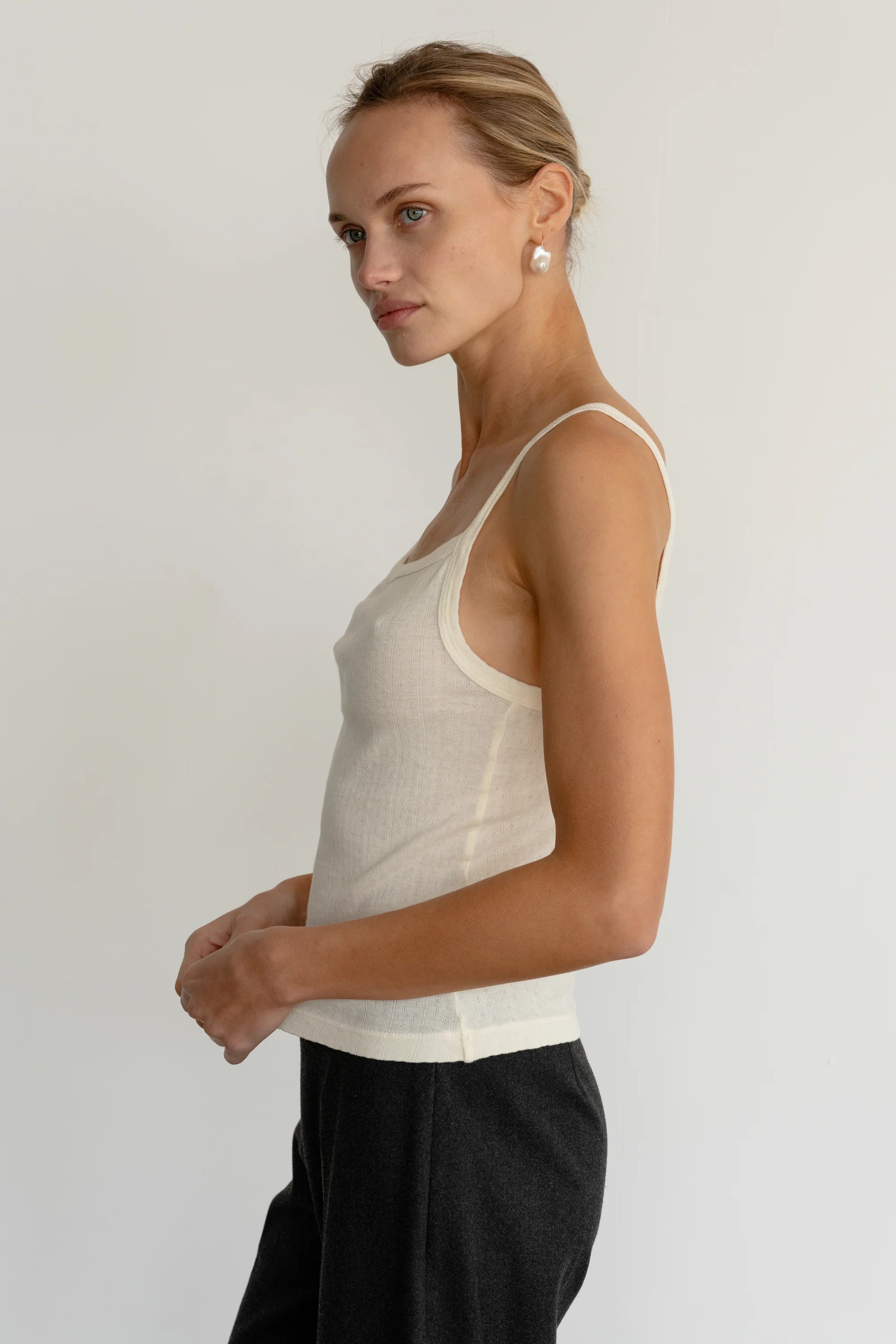 Donni Pointelle Square Neck Tank Creme