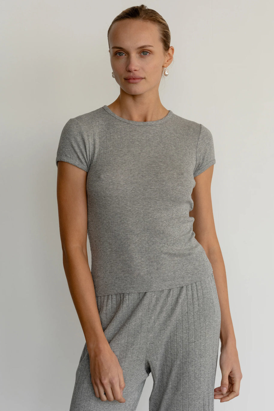 Donni Pointelle Baby Tee Heather Grey