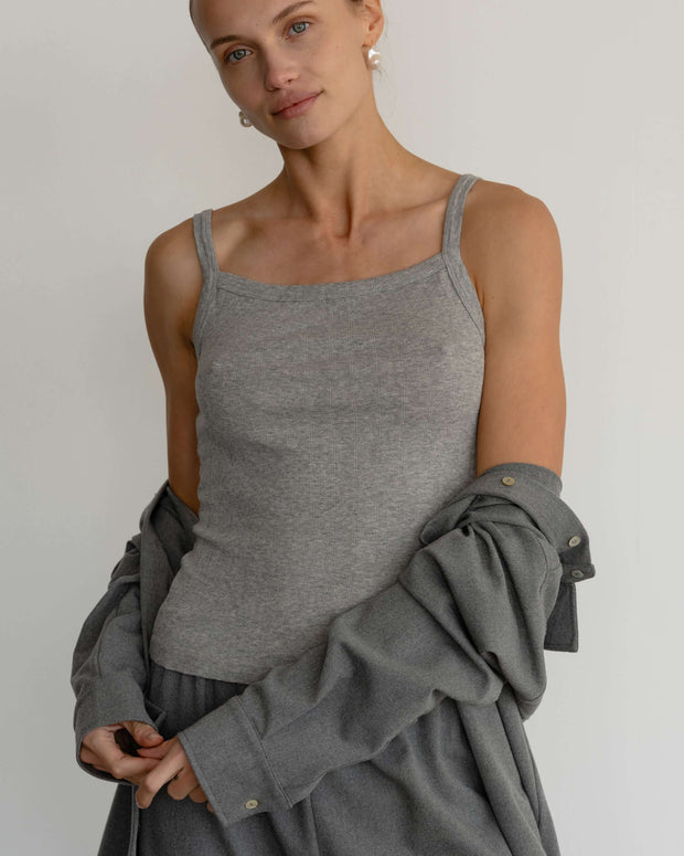 Donni Pointelle Square Neck Tank in Heather Grey
