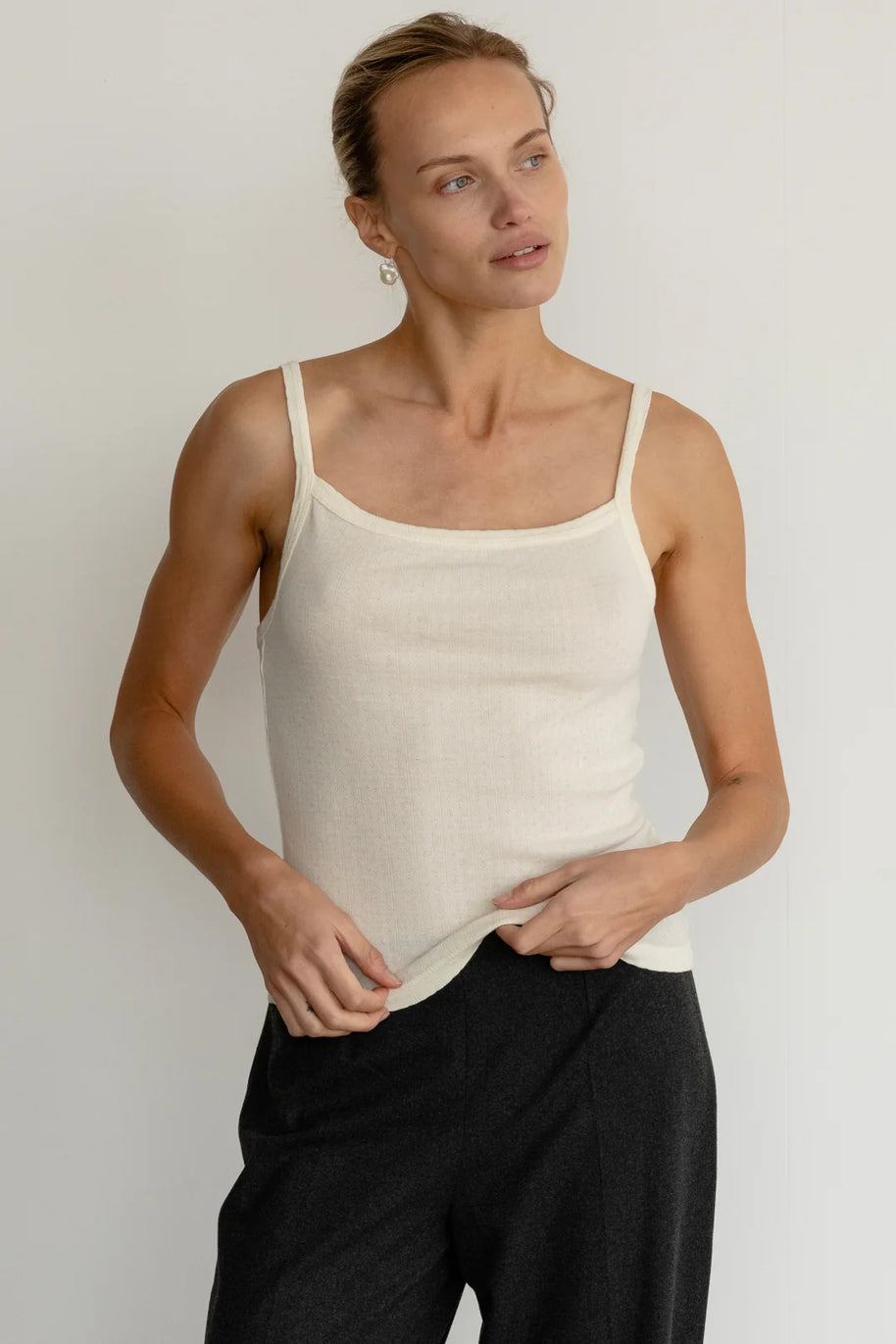 Donni Pointelle Square Neck Tank Creme