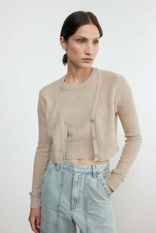 Enza Costa Open Knit Cropped V Neck Cardigan 
