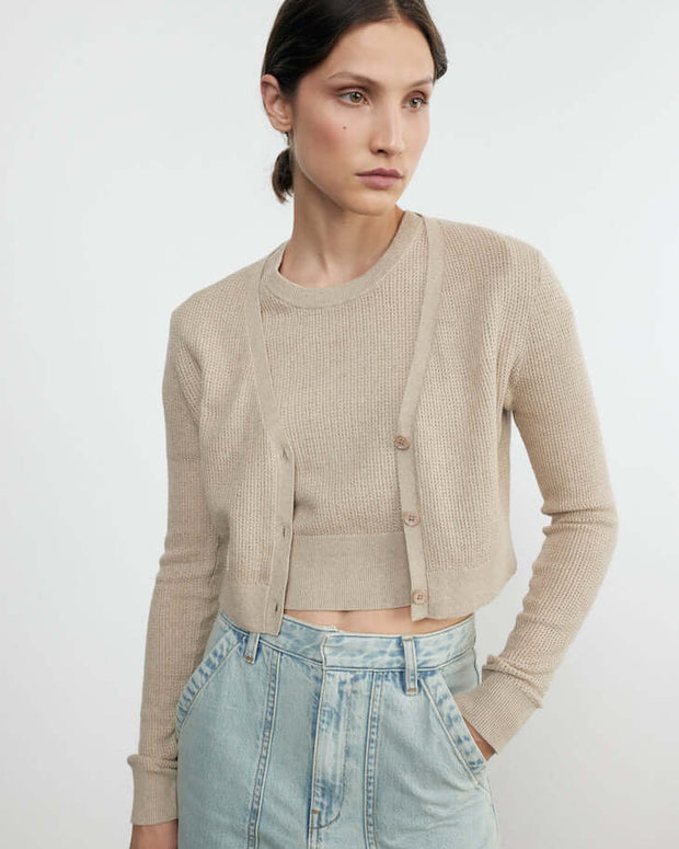 Enza Costa Open Knit Cropped V Neck Cardigan 