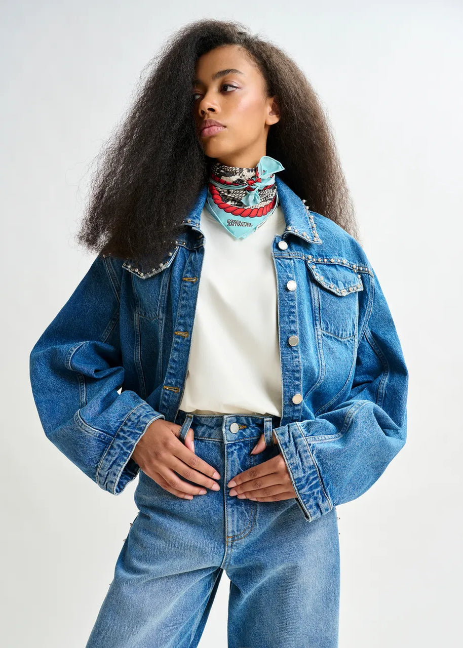 Blue Cropped Denim Jacket | Pearl and Stud