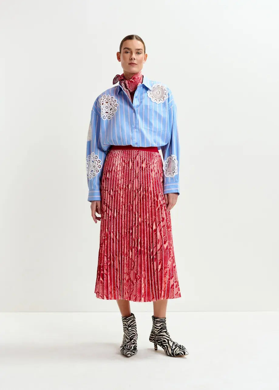 Red Snakeprint Pleated Maxi Skirt Essentiel Antwerp