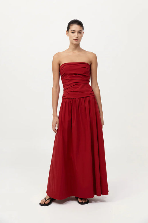 St. Agni Gathered Strapless Tie Back Dress Red 