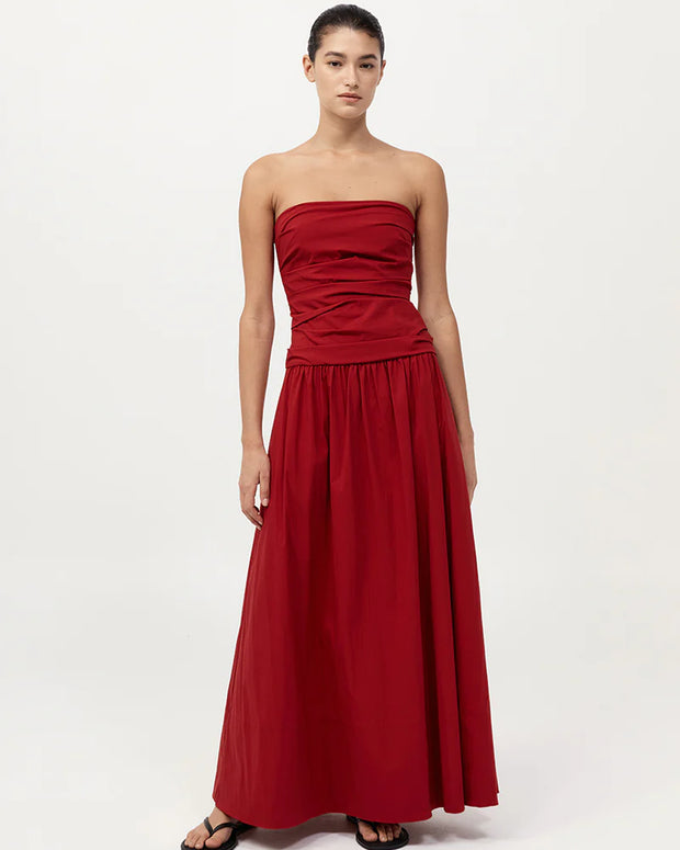 St. Agni Gathered Strapless Tie Back Dress Red 