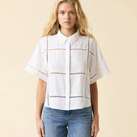 Le Jean Linen Eyelet Shit White Button Down Shirt 