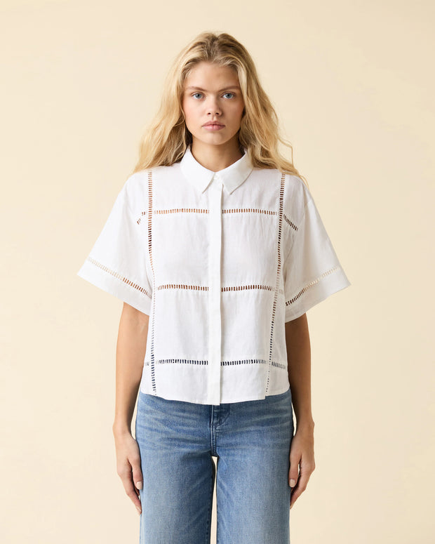 Le Jean Linen Eyelet Shit White Button Down Shirt 