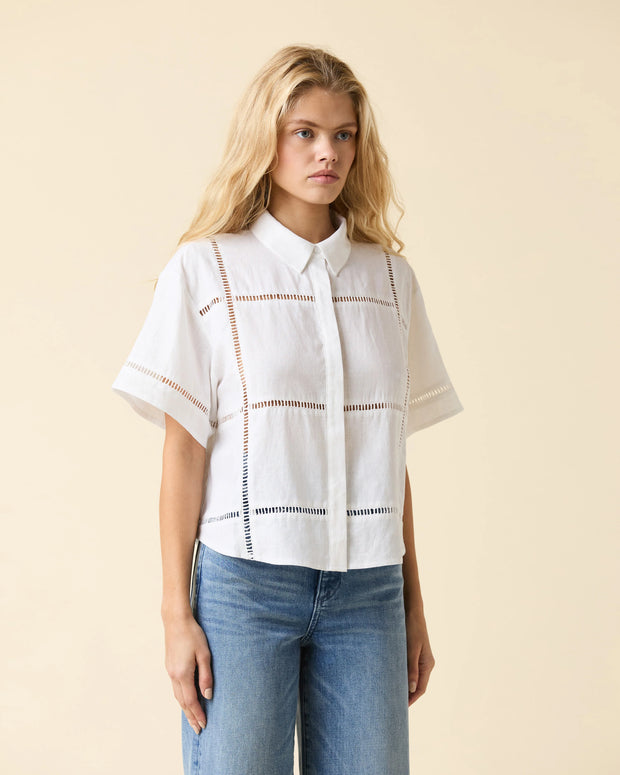 Le Jean Linen Eyelet Shit White Button Down Shirt 