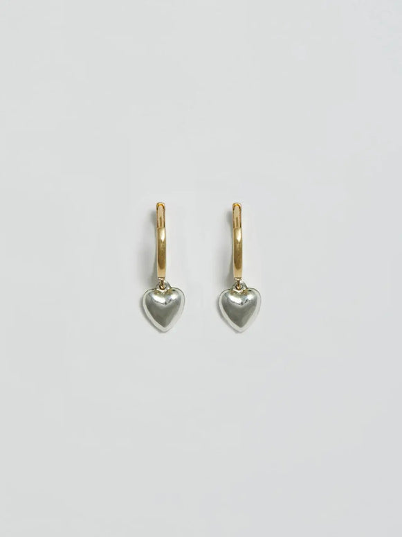 Loren Stewart Gordita Heart Huggies Puff Heart Gold and Silver Earrings
