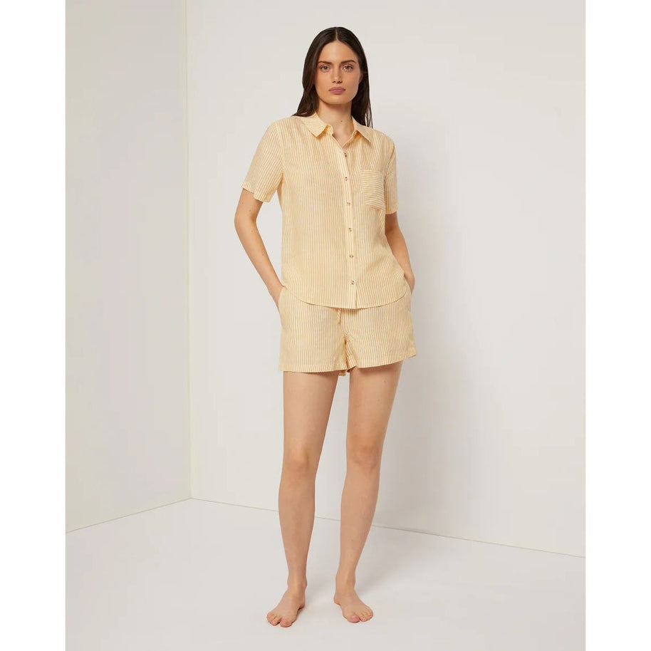 Onia Yellow and White Stripe Short Sleeve Linen Button Up SHirt