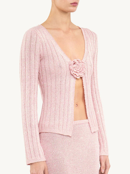 Rosie Cropped Cardigan - Bon Bon Pink Sequin - pink cardigan floral sequin - asta resort