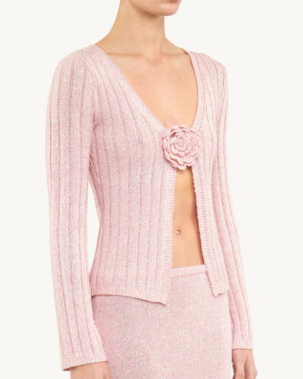 Rosie Cropped Cardigan - Bon Bon Pink Sequin - pink cardigan floral sequin - asta resort