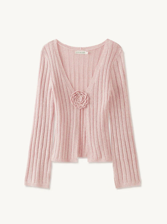 Rosie Cropped Cardigan - Bon Bon Pink Sequin - pink cardigan floral sequin - asta resort