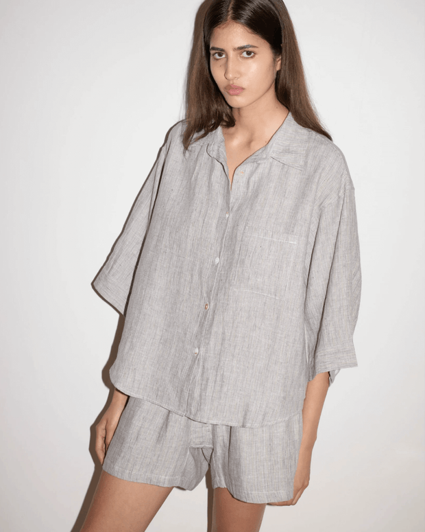 Deiji Studios the 03 set in haze blue, Deiji Shorts and Button Down Set