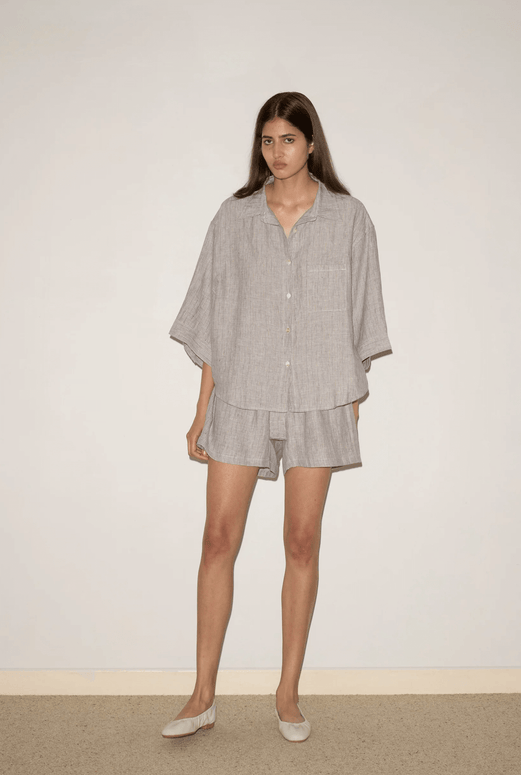 Deiji Studios the 03 set in haze blue, Deiji Shorts and Button Down Set