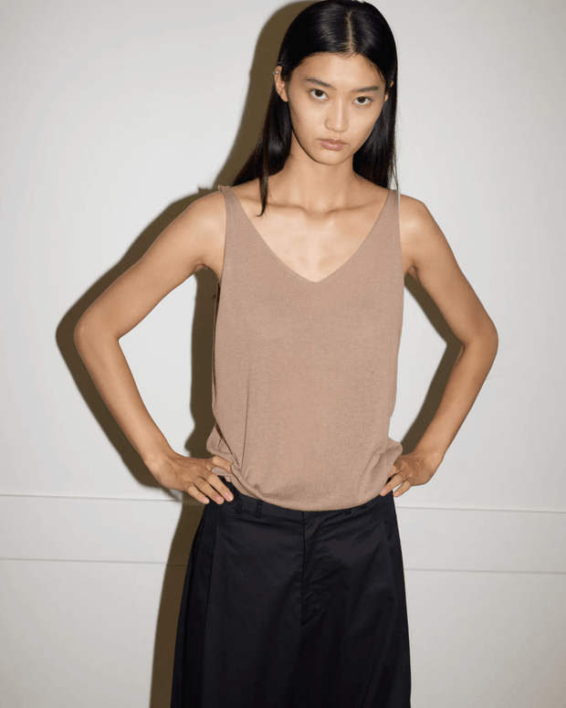 Deiji Studios Rolled Knit Top in Light Brown, Deiji Tank Top 