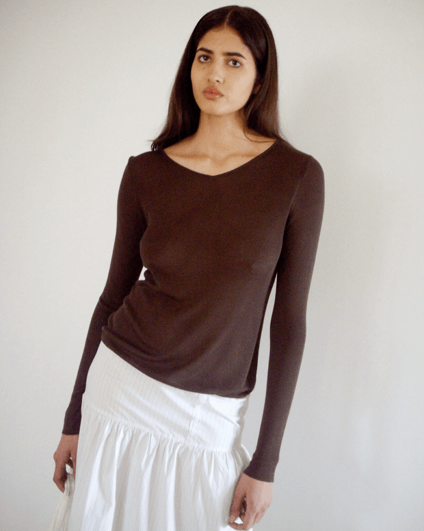 Deiji Studios Knitted Top in Dark Brown, Long Sleeve Brown Top