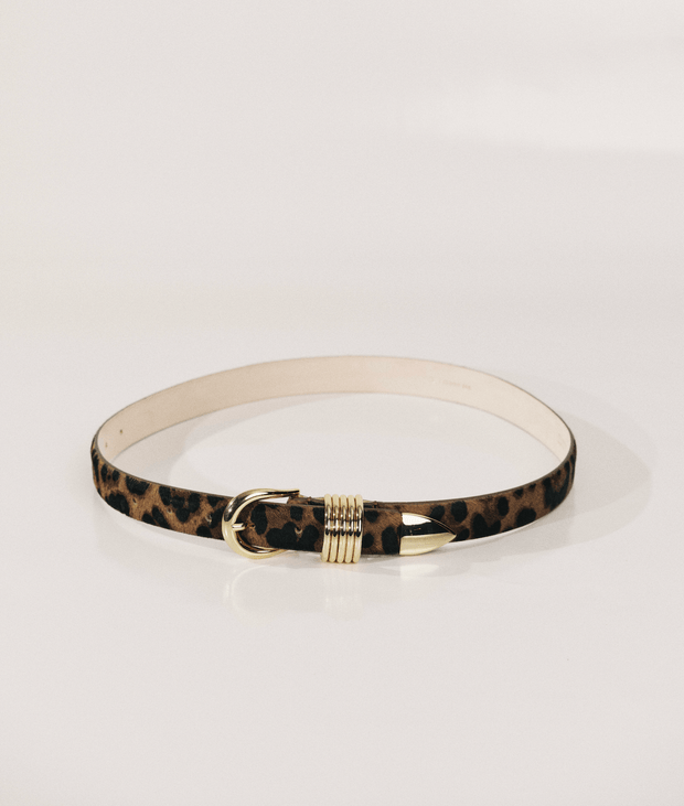 Dehanche Hollyhock Belt Dark Jaguar Animal Print Gold Buckle Women's Jean Belt