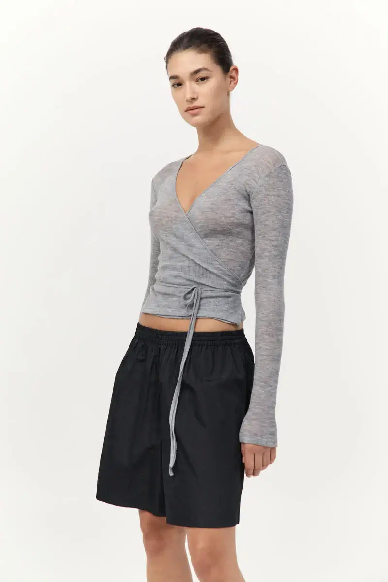 St. Agni Baby Wool Wrap Top in Grey Long Sleeve Top