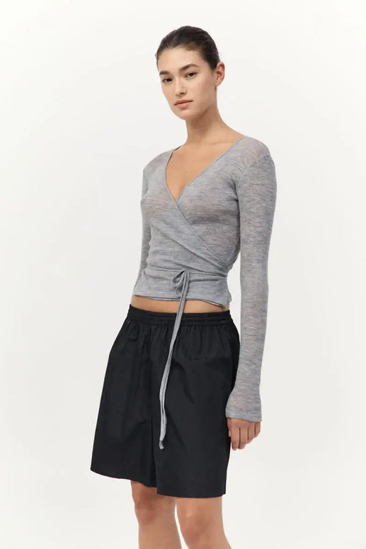 St. Agni Baby Wool Wrap Top in Grey Long Sleeve Top