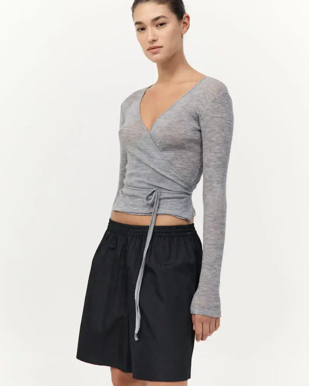 St. Agni Baby Wool Wrap Top in Grey Long Sleeve Top