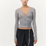 St. Agni Baby Wool Wrap Top in Grey Long Sleeve Top