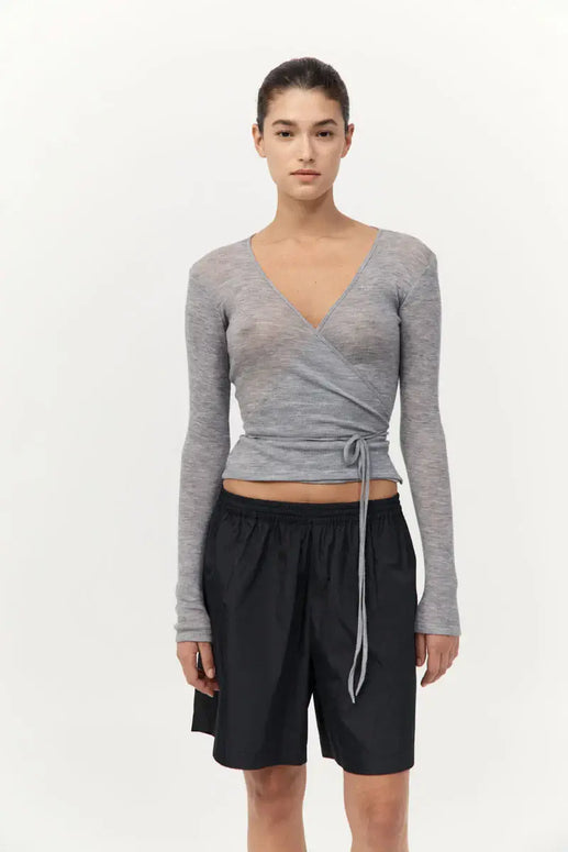 St. Agni Baby Wool Wrap Top in Grey Long Sleeve Top