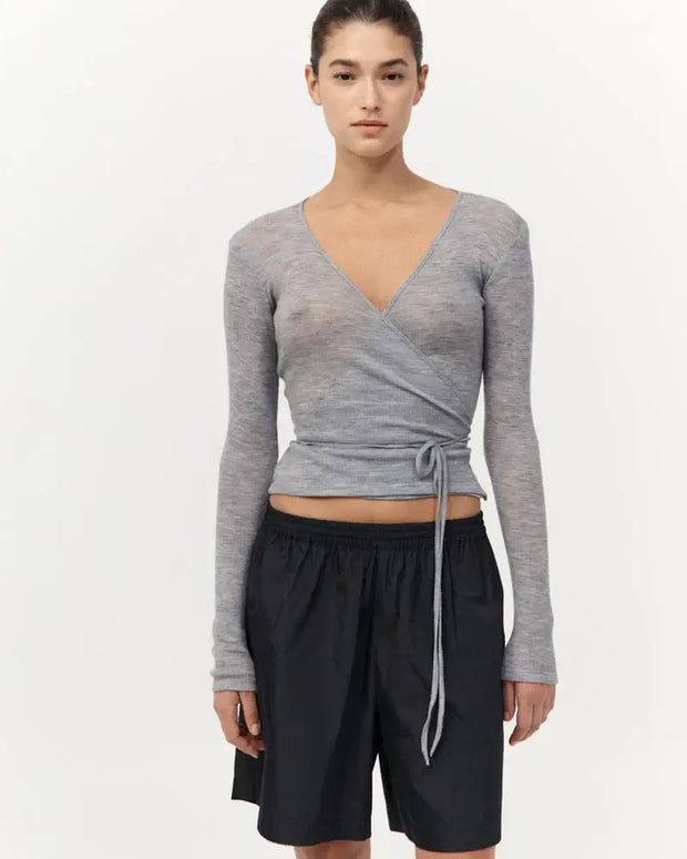 St. Agni Baby Wool Wrap Top in Grey Long Sleeve Top