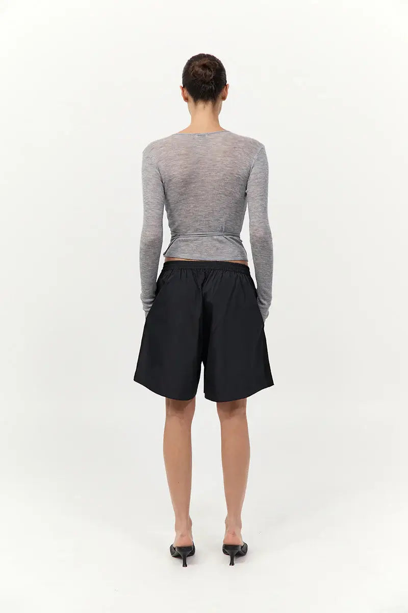 St. Agni Baby Wool Wrap Top in Grey Long Sleeve Top