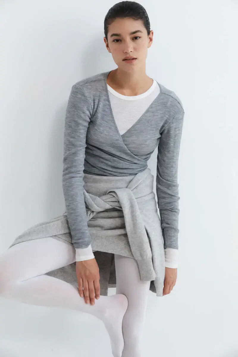 St. Agni Baby Wool Wrap Top in Grey Long Sleeve Top