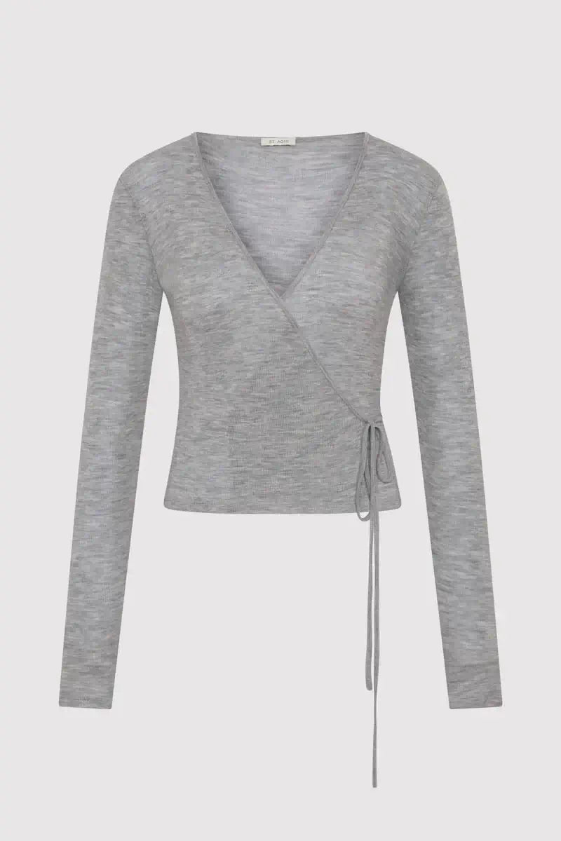 St. Agni Baby Wool Wrap Top in Grey Long Sleeve Top