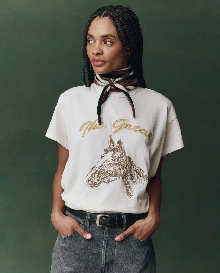 The Great Boxy Crew Embroidered T-Shirt Horse Motif Shirt for Women